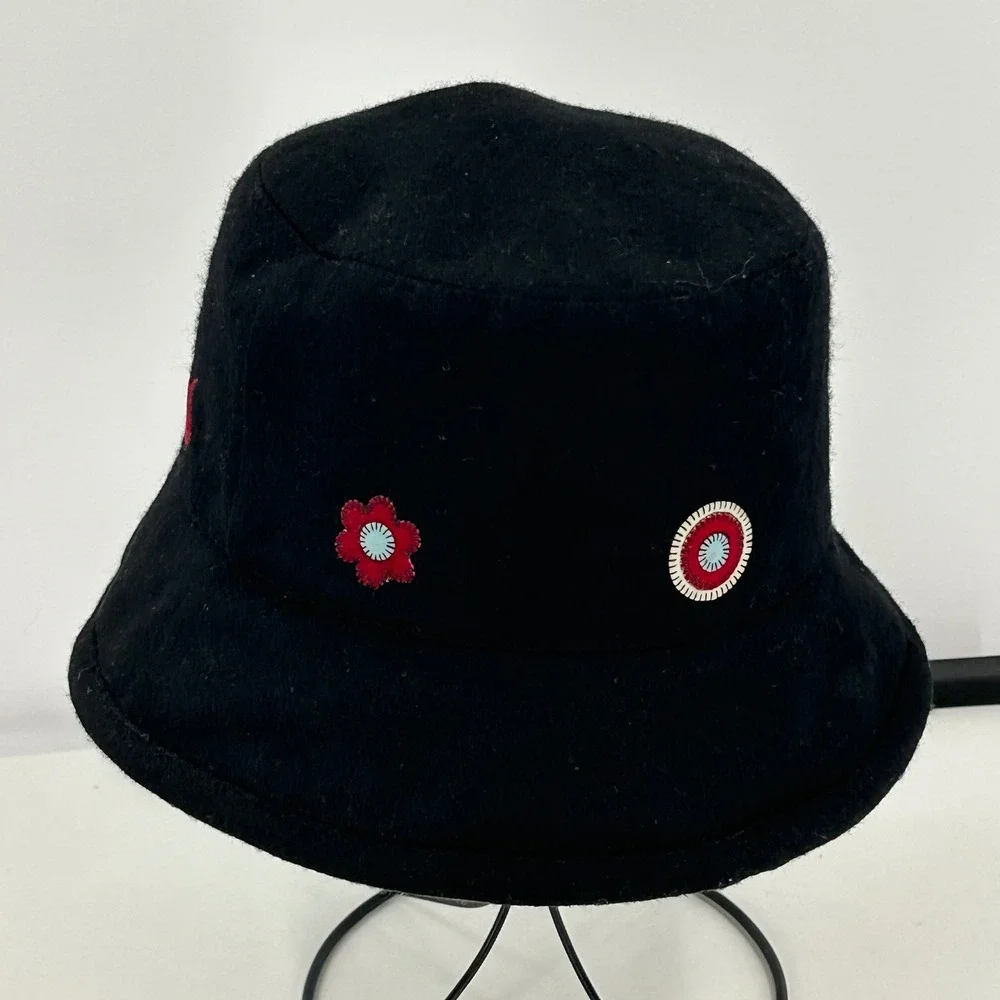 Vintage Black Wool Blend Bucket Hat‎ Embroidered Flower Applique Boho 90s Y2K